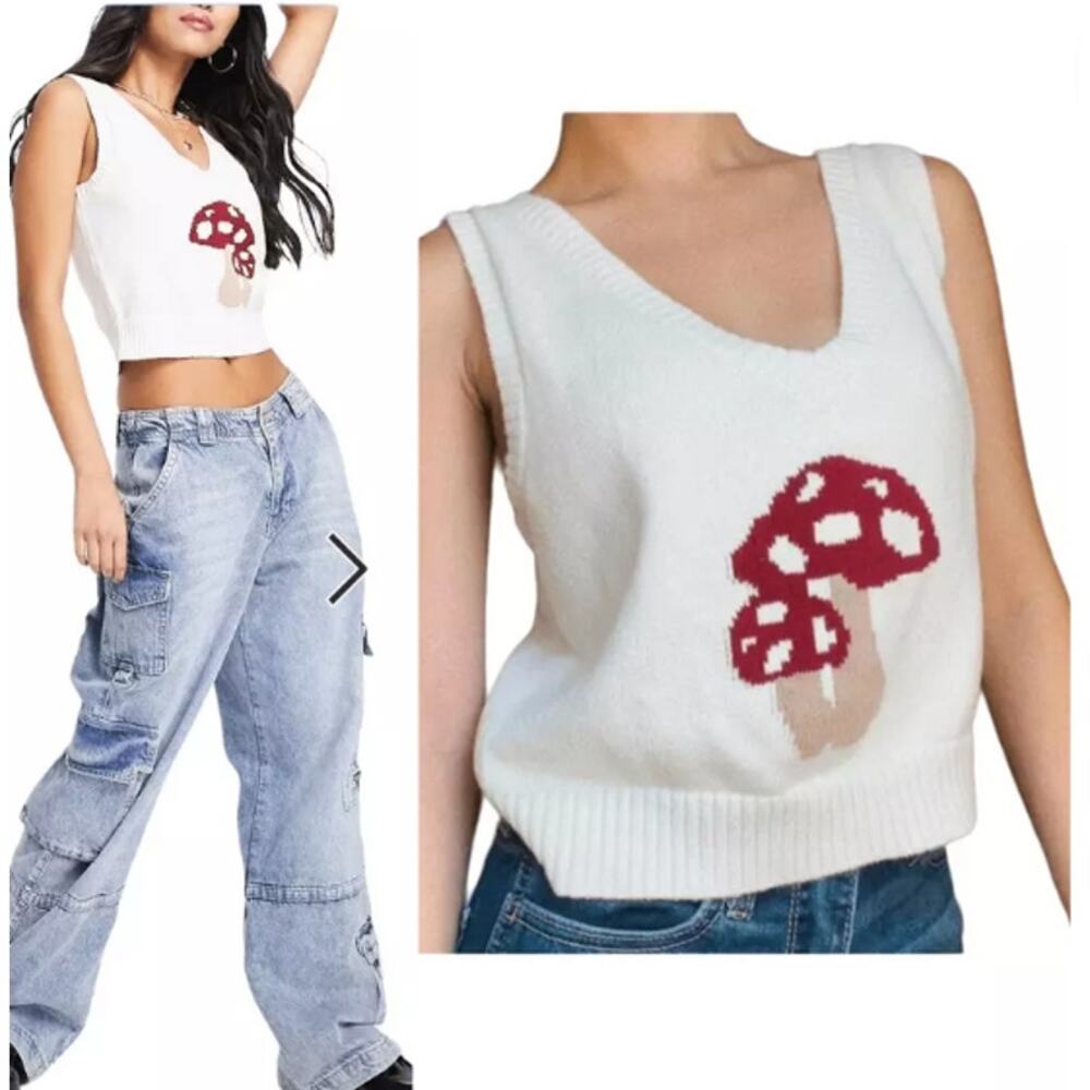 Hollister Women Preppy Mushroom Knit Cropped Tank Top Sweater Vest Size XS White